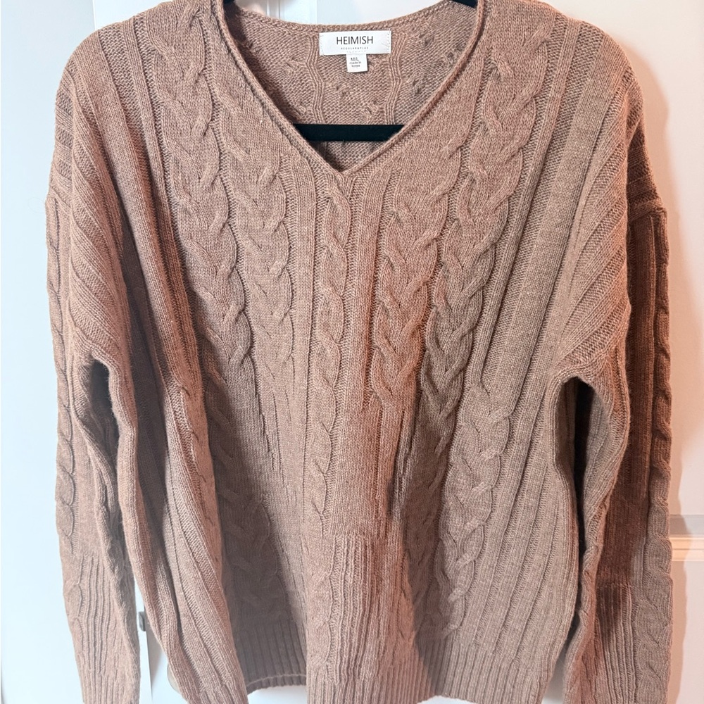 HEIMISH USA V-Neck Cable Knit Sweater - Espresso Brown.